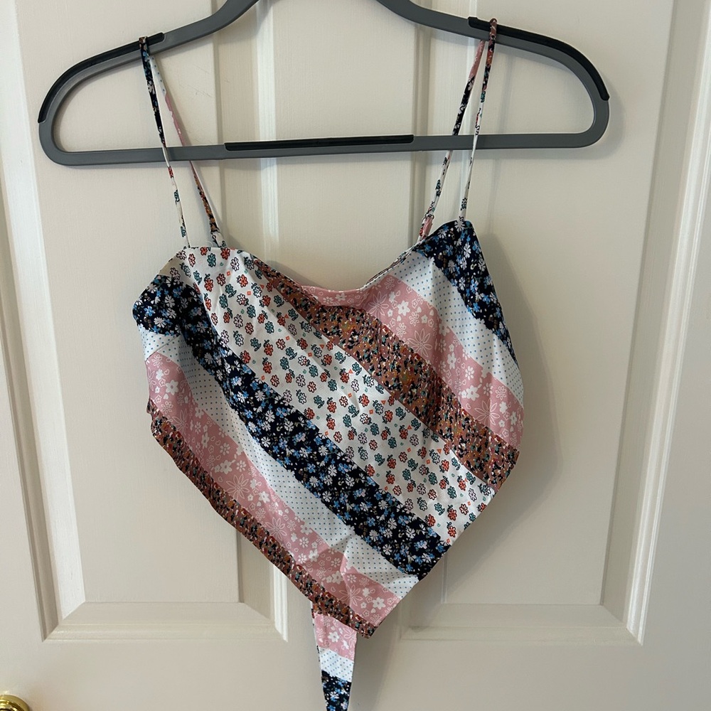 Princess Polly Pink White Navy Floral Bandana Crop Top